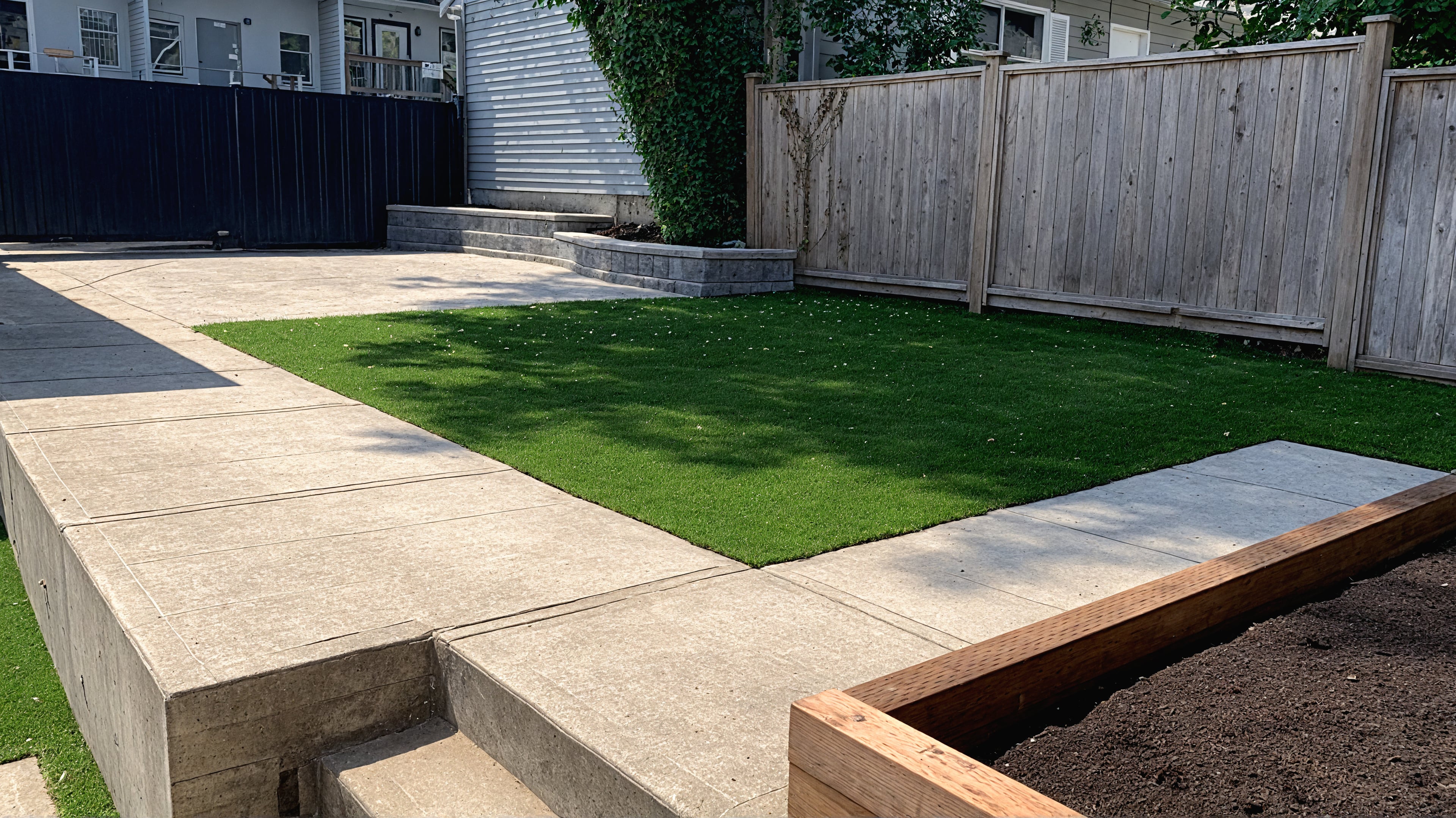 Artificial turf, Garden boxes, Interlocking pavers and Retaining walls at the West 9th project.