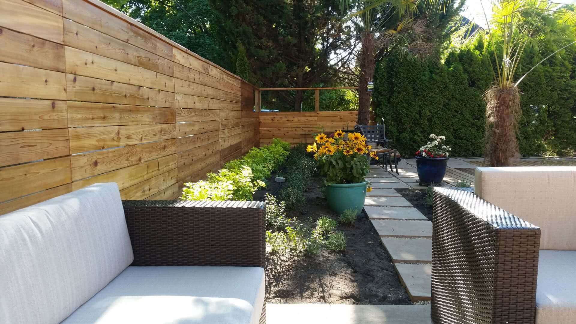Residential Landscaping - Concrete paving slab detail, custom cedar fencing detail, low maintenance plants