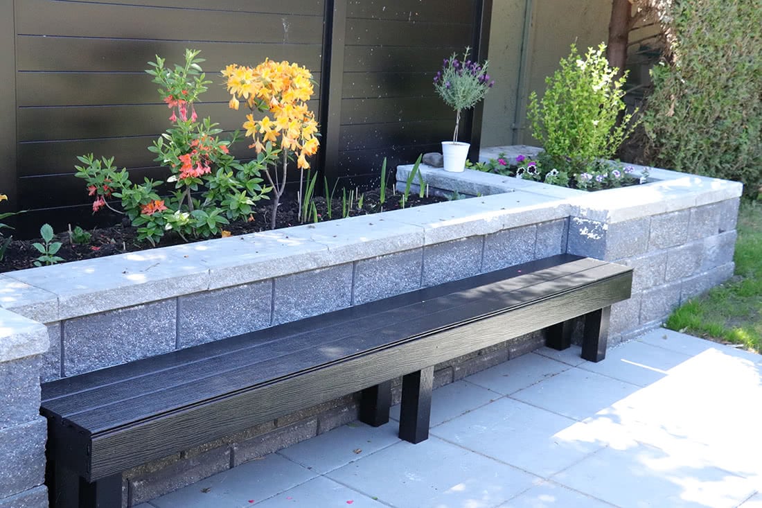 vancouver residential garden renovation - retaining wall with bench