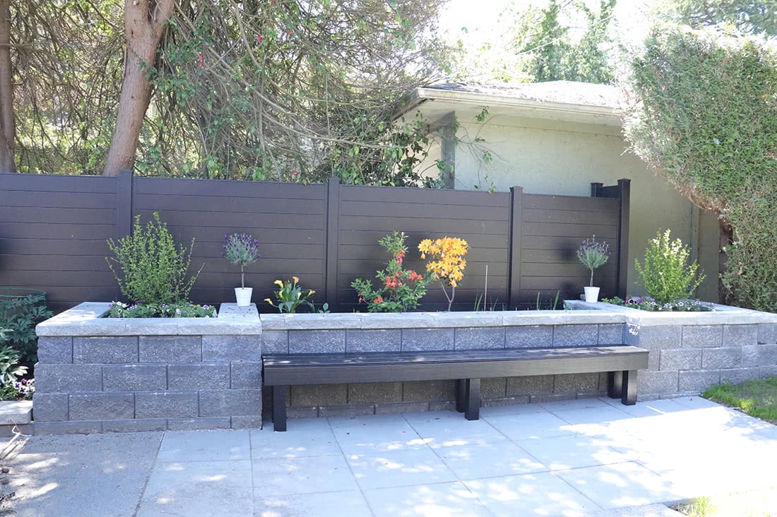 vancouver residential garden renovation - retaining wall with bench