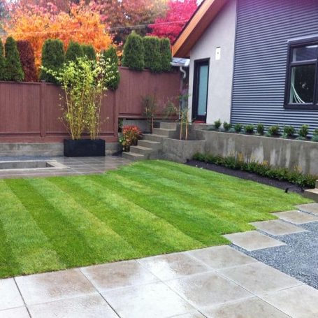 Residential landscaping installation - image of patio install with grass and pavers