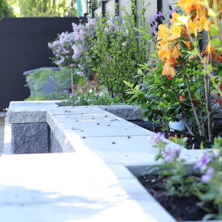 vancouver residential garden renovation - retaining wall with bench and plants